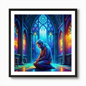 Man Kneeling In A Mosque With Stained Glass Windows Art Print