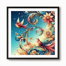 Colorful Flowers And Birds 2 Art Print