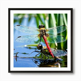 Nature Dragonfly Mating Couple Insect Sitting Duck Pond Lively Dvd Fauna Wild Animal Gras (7) Art Print