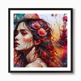 Watercolor Of A Girl With Flowers Art Print