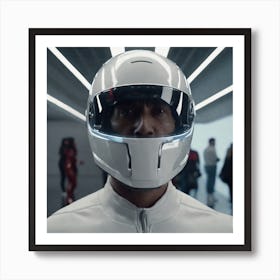 Create A Cinematic Apple Commercial Showcasing The Futuristic And Technologically Advanced World Of The Man In The Hightech Helmet, Highlighting The Cuttingedge Innovations And Sleek Design Of The Helmet And (2) Art Print