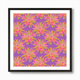 DAHLIA BURSTS Multi Abstract Blooming Floral Summer Bright Flowers in Fuchsia Pink Yellow Lime Green on Violet Purple Art Print