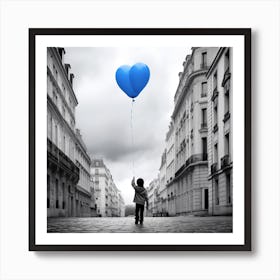 Boy Holding A Blue Heart Balloon empty city Art Print
