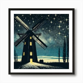 Windmill At Night Art Print