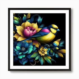 Colorful Bird With Flowers Art Print