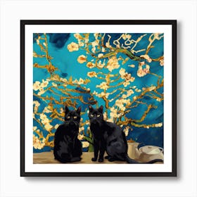 Art Almond Blossom With Black Cats, Vincent Van Gogh Inspired Art Print