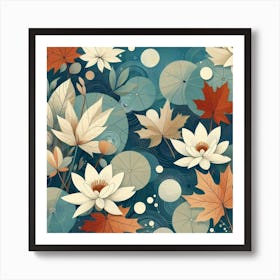 Scandinavian style, Surface of water with water lilies and maple leaves Art Print