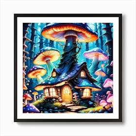 A Fairy Mushroom House In An Enchanted Bioluminescent Forest Art Print