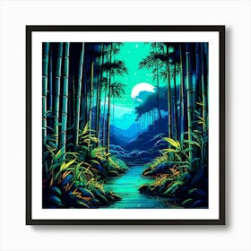 Tranquil Bamboo Forest Neon Line Art Style Vivid Colors Of Jade And Lemon Dark Background (1) Art Print