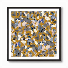 Watercolor Petal Stains Blue Mustard Square Art Print