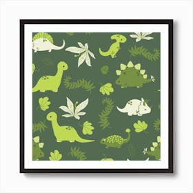 Cute Dinosaurs And Leaves Pattern Art Print