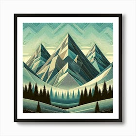 "Retro Alpine Tapestry"   This artwork weaves a complex pattern of mountains and skies, reminiscent of vintage textiles. The layers of geometric shapes and dotted textures create a rich, tactile experience, while the cool teal and warm beige palette evoke a nostalgic feel. It's a sophisticated blend of old-world charm and modern design, ideal for adding a touch of elegance and history to any setting. Art Print