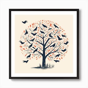 Birds Flying Around Tree Illustration Art Print