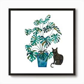 Black Cat and Monstera Houseplant Art Print