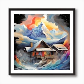 Abstract painting snow mountain and wooden hut 9 Art Print