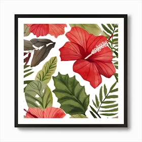 Botanical Wall Art Flowers Red Hibiscus Leaves #1 Art Print