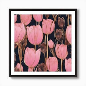Seamless Pattern Of Elegant Tulip Floral Motifs In Pink, Adorned With Gold Lines Art Print