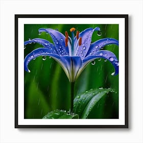 Blue Lily In The Rain Art Print