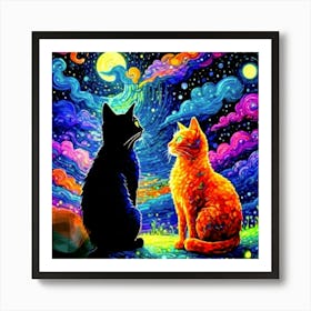 Two Cats Looking At The Stars Art Print