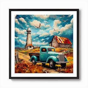 Blue Truck And Lighthouse Art Print