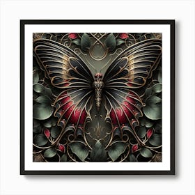 Metallic Gold Black & Red Butterfly Art Print