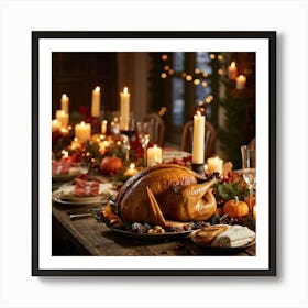 An Inviting Feast Unfolds In A Homey Abundant Setting Right At The Center A Roasted Turkey Radiati (5) Art Print