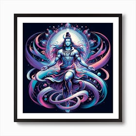 "Shiva: The Cosmic Dancer" - This entrancing artwork captures Lord Shiva in his Nataraja form, symbolizing creation, preservation, and destruction—the cosmic dance of the universe. The mesmerizing swirls of cosmic energy in shades of blue, pink, and purple evoke the mysteries of the cosmos, while Shiva's poised and tranquil expression inspires a sense of deep peace. This piece is a perfect blend of spirituality and modern art, ideal for those who want to bring a touch of the divine into their contemporary space. It's an invitation to reflect on the eternal rhythms of life and the universe. A must-have for connoisseurs of mythological art and a statement piece that radiates serene power. Art Print