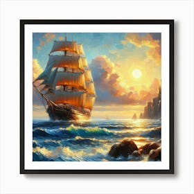 Sailing Ship At Sunset 1 Art Print