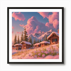 Mountain village snow wooden huts 15 Art Print