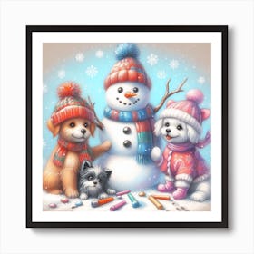 Snowman With Dogs 1 Art Print