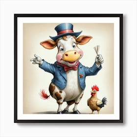 Cow And Rooster Art Print