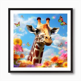 Giraffe With Flowers Art Print