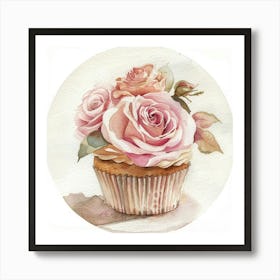 Watercolor Peach And Pink Floral Sweet Cupcake Art Print