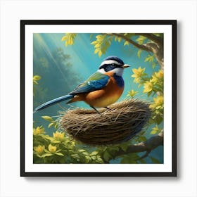 Digital Painting Of A Stunning Bird Perched Atop Its Intricately Woven Nest Amidst The Vibrant Bud(1) Art Print