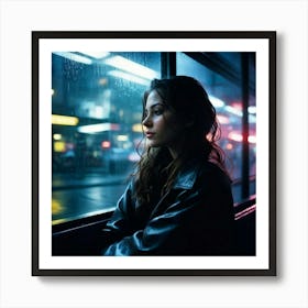 Evening Street Photography Capturing A Beautiful Woman In A Moody Pensive Pose Inside A Wet Bus She Art Print