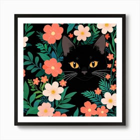 Black Cat With Flowers 3 Art Print