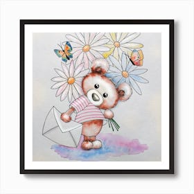 Teddy Bear With Flowers Art Print