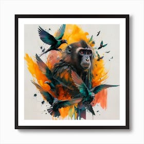 Monkey And Birds Art Print