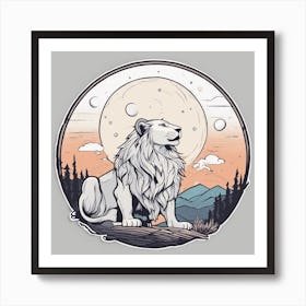 Sticker Art Design, Lion Howling To A Full Moon, Kawaii Illustration, White Background, Flat Colors, (2) Art Print