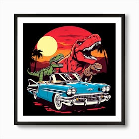 Dinosaurs And Car 1 Art Print