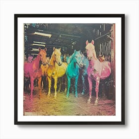 Rainbow Retro Horses In The Barn Abstract Collage Art Print