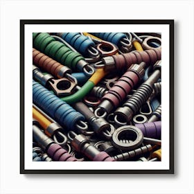 A close-up of a collection of colorful metal springs, hooks, and hardware. Art Print