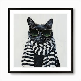 Black Cat With Sunglasses and a black and white scarf Art Print