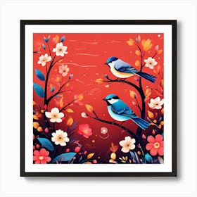 A Bright Toned Design With Flowers And Leaves Trees And Birds A Beautiful And Simple Picture Birds In A Tree Art Print