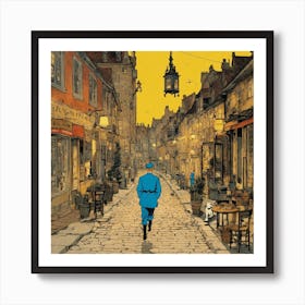 Man Walking Down A Cobblestone Street Art Print