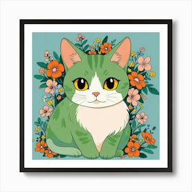 Green Cat With Flowers 1 Art Print