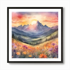 Watercolor Of Mountains And Flowers 1 Art Print