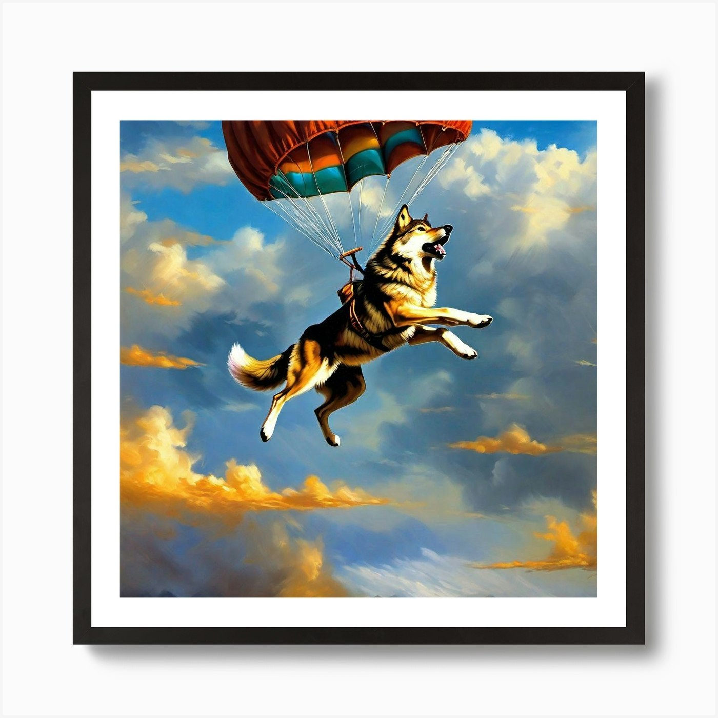 Dog Flying Parachute Art Print by Noctarius - Fy