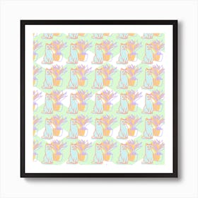 Cats and plants pattern, animals, illustration, wall art Art Print