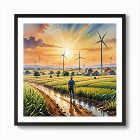 Water Colored Painting Of Landscape Farming Farmer Sun Rising Wind Turbine 2d Art Water Color Spray Art Print